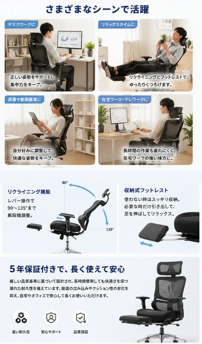 多機能タイプのチェアで作業、読書、リクライニングをするイメージ