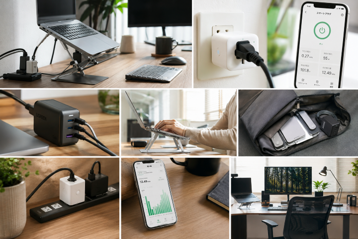スマートプラグ・GaN充電器・薄型PCスタンドを在宅ワークの机やカフェ・出張先で使う具体的なシーン例