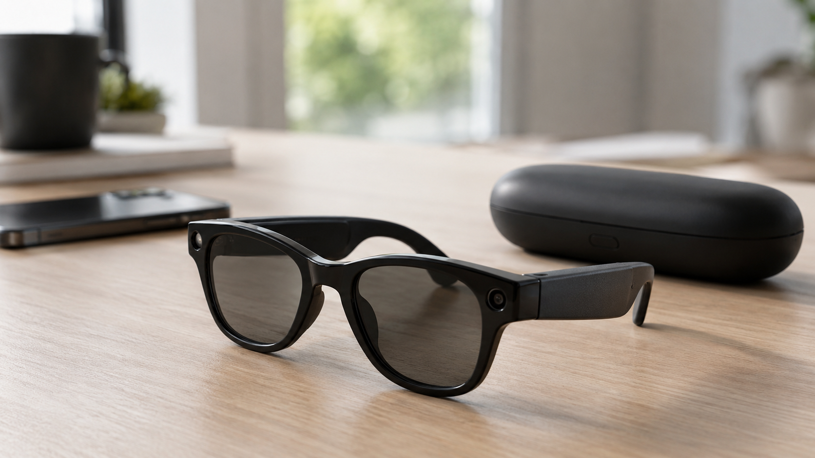 Ray-Ban Meta本体と充電ケースを机に置いた使用イメージ