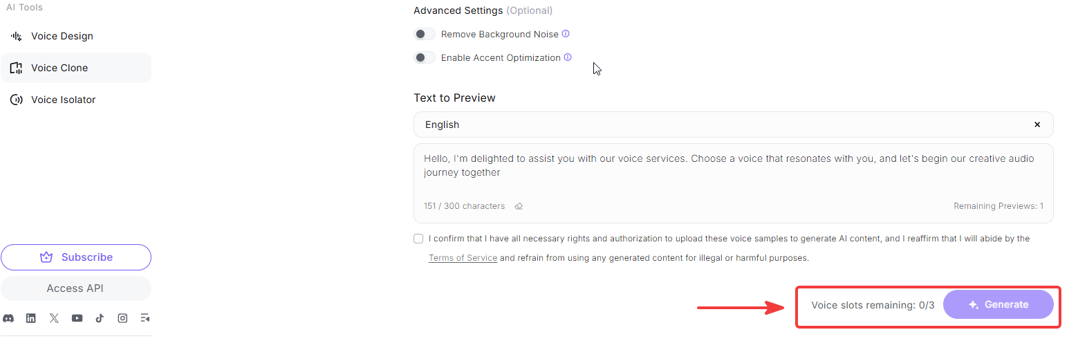 MiniMax Voice Clone画面でVoice Slots remaining 0/3と表示されているスクリーンショット
